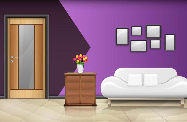 Closed wood door with white sofa and pillows on purple wall background