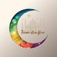 Vector illustration of Islamic new year with mosque on colorful moon