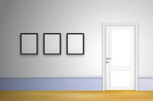 Living room interior with closed door and frames on white wall background vector
