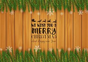 Vector illustration of Christmas wooden background with fir branches and white snowflakes
