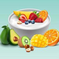 Yogurt bowl with mixed fruits vector