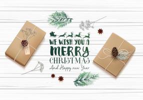 Christmas wooden background with gift boxes and fir tree