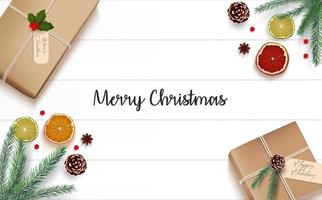 Vector illustration of Christmas wooden background with fir branches and gift boxes
