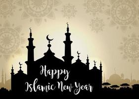 Vector illustration of Happy islamic new year with silhouette mosque on glowing background