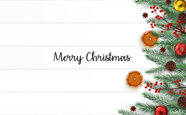 Christmas wooden background with fir branches and christmas balls