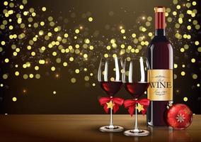 Vector illustration of Red wine glass with wine bottle and christmas ball on light bokeh background