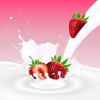 Flowing milk splash with strawberries fruits vector