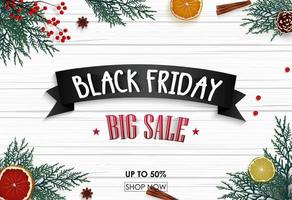 Black friday sale banner with christmas decoration on wooden background vector