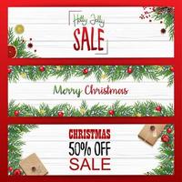 Vector illustration of Set of christmas banners sale with fir branches and red christmas balls