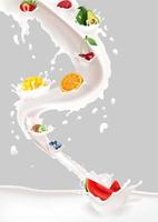 Milk splash with fruits mix on white background vector