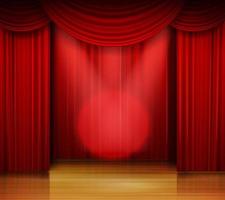 escenario vacío con cortina roja y foco en el suelo de madera vector