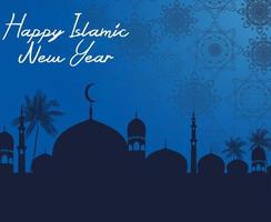 ilustración vectorial de feliz año nuevo islámico con mezquita de silueta por la noche vector