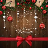 Vector illustration of Christmas wooden background with decorations element and red ribbon