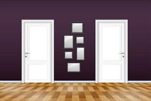 ilustración vectorial del interior de la sala de estar con puerta cerrada y marcos vacíos en la pared púrpura vector