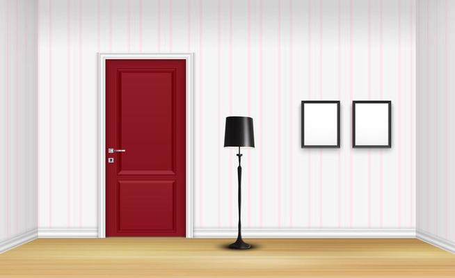 Closed red door with floor lamp and frames on striped wall background