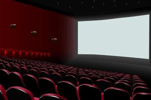 auditorio de cine con asientos rojos y pantalla blanca en blanco vector