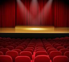 Empty stage with red curtain and spotlight on wooden floor vector