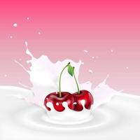 chorrito de leche con cerezas rojas vector