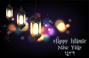 Vector illustration of Happy new Hijri year 1439 with hanging lantern on bokeh background