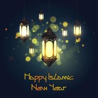 Happy new Hijri year with hanging lantern on bokeh background