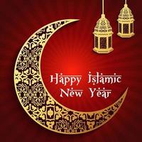 Vector illustration of Islamic new year with gold crescent moon and hanging lantern