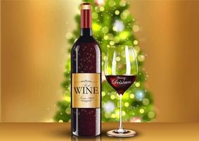 Christmas wine glass with wine bottle and blurred christmas tree vector