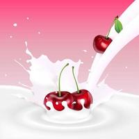 ilustración vectorial de salpicaduras de leche que fluye con frutos de cerezas vector