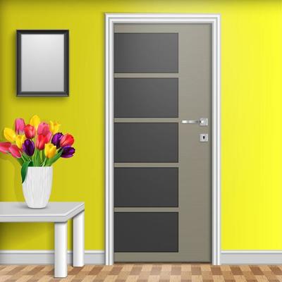 Closed door with vase and flowers over white table isolated on yellow wall background