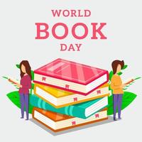 día mundial del libro con un hombre y una mujer leyendo un libro vector