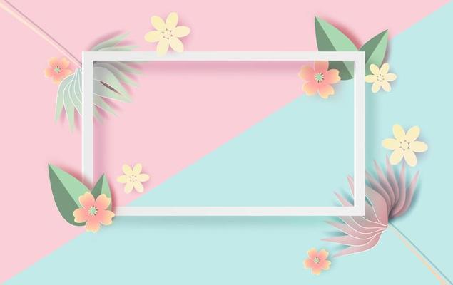 Paper art and craft of Floral rectangle frame with place for text.Spring season with flowers of pastel sweet tone color.Graphic Lovely nature with colorful minimal banner.vector illustration EPS10