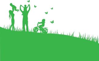 Green background happy family having fun playing in the field.Creative design graphic Environment nature day concept.people lifestyle enjoy in garden park of silhouette.Picnic in holiday.vector.Eps10 vector