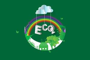 diseño de ciudad verde ecológica, luna creciente, 3d, isométrica, arco iris, vector