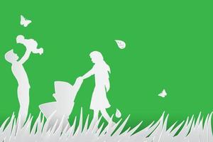 Green background happy family having fun playing in the field vector