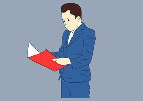 Manager reading sales report from sales division. Company report concept. Hand Drawn Style Vector