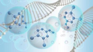 3d renderizar molécula celular en burbuja líquida con cromosoma en fondo azul.concepto científico para cosmética o atención médica, médica foto