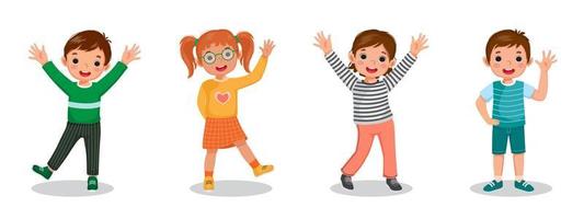 Cute happy kids raising and waving hands greeting in many expressions and poses. Such as hands in the pocket and behind back styles. Group smiling little boys and girl vector standing together.