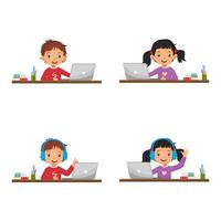 Set of vector happy boy and girl studying and doing homework online using laptop wearing headphone at home. Online education and homeschooling concept.