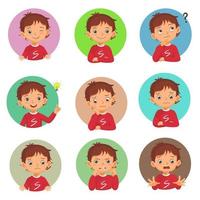 Little boy facial expressions set. Vector of various hands postures with different emotions such as winking, smiling, thinking, got idea, bored, sad, worried, shocked, angry.