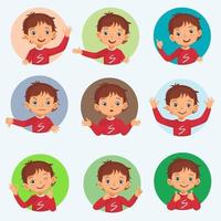 conjunto de avatar de emociones de expresiones faciales de niño pequeño. vector de varios gestos de manos con diferentes posturas como bien, pulgar arriba, señalar con el dedo, agitar las manos, sin idea de signo.