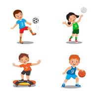 Cute happy and active children playing various sports activities, like football, basketball, volleyball, and skateboarding. Vector illustration of kids doing healthy physical exercises