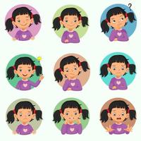Little girl facial expressions set. Vector of various hands postures with different emotions such as winking, smiling, thinking, got an ideas, bored, sad, worried, shocked, angry.