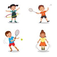 niños jugando diversas actividades deportivas, como hula hoop, bádminton, pelota de tenis con raqueta y saltar la cuerda. niños haciendo ejercicios físicos saludables vector