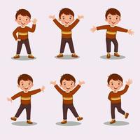 Cute little boy with different poses and various hands gestures and legs positions such as hand on waist, waving hand, standing with one leg, and raising hands. vector