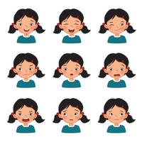 Cute little girl with facial expressions set. Vector of kid faces with different emotions such as happy, smiling, laughing, winking, sulking, surprised, shocked, angry, confused, and worried
