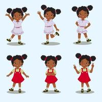 little African girl with hands and legs gestures in different standing poses, such as raising hands, waving, hand on the hip, crossed arm and standing with one leg