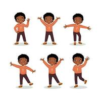 Set of vector illustration of a happy little boy with different poses and various hands gestures and legs positions such as hand on waist, waving hand, standing with one leg, and raising hands.