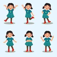 Set of vector of happy little girls with different action poses, hand gestures and legs positions, such as peace sign, wink eye, arm crossed, raising hands, hand on the waist, standing with one leg