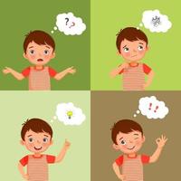 Set of vector of little boy with different thinking process from asking questions, confused, searching for ideas, got an idea, and success solve problems. kid search for solutions concept