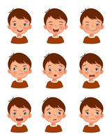 Cute little boy facial expressions set. Vector of kid faces illustration with different emotions such as happy, smiling, laughing, winking, sulking, surprised, shocked, angry, confused, worried.