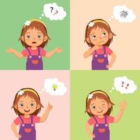 little girl with different thinking process from asking questions, confused, searching for ideas, got an idea, and success solve problems. kid search for solutions concept. vector